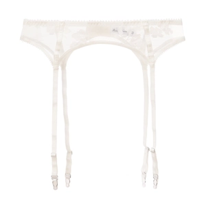 Detailed white lace garter belt with floral embroidery and four adjustable straps