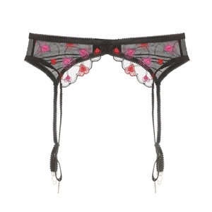 Detail of black lace garter belt with heart embroidery and adjustable metal clips
