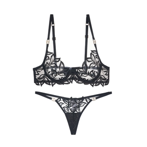 French style black lace lingerie set with leaf embroidery and gold ring details