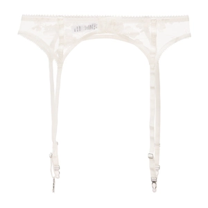 Detailed close-up of white floral lace garter belt with adjustable straps and clips
