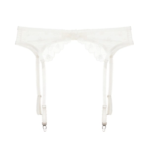 White lace garter belt with heart embroidery and four adjustable elastic stocking clips