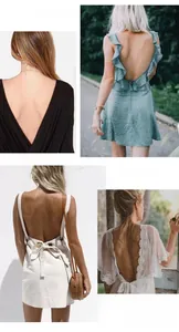 Deep U backless invisible lace bra showing backless floral dress and white lace top style