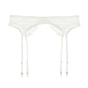 Macro shot of white sheer mesh garter belt with delicate lace trim and metal clips