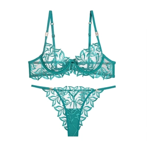 Emerald green French lace lingerie set with leaf embroidery and sheer underwired bra