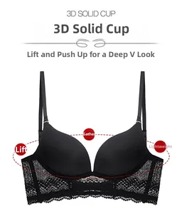 Detail view of seamless 3D mold cups with lace trim and push-up support for deep V bra