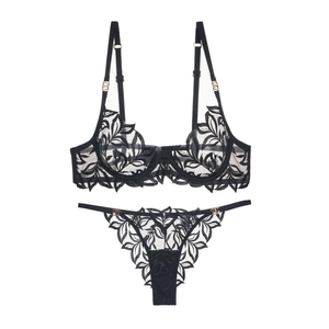 French lace embroidery lingerie set with black underwire bra and matching thong