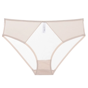 Beige sheer mesh low-waist panties for women with breathable cotton crotch and sleek fit