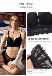 Detail display of black lace lingerie set with deep V neckline and wide floral lace hem
