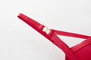 Detail of red bra straps showing elegant gold metal ring connectors on white background