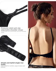 Detail view of black lace backless bra showing adjustable straps and seamless U-back design