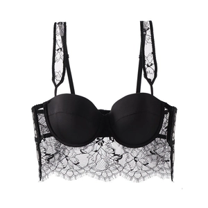 Elegant French black eyelash lace push-up bra featuring vintage floral embroidery detail