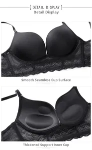 Detail of black seamless lace bra featuring thick inner cups for supportive push-up effect