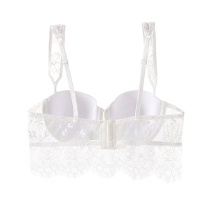 Detail of white eyelash lace bralette featuring delicate floral patterns and dual straps