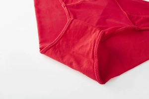 Detailed view of red silky lingerie panties showing fine stitching and premium fabric texture