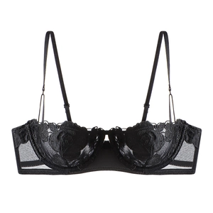 Detailed view of black lace bralette with rose floral embroidery and sheer mesh texture