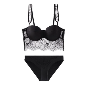 Detailed close-up of a black floral eyelash lace bralette set with matching panties