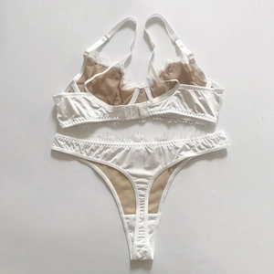 Détail à plat d'un ensemble de lingerie en dentelle de cils blanche avec doublure en tulle