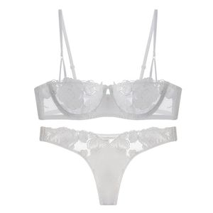 Close-up of white mesh lingerie set with delicate rose embroidery and lace details