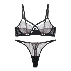 Lace lingerie set featuring unlined sheer bra with leaf embroidery and cross straps