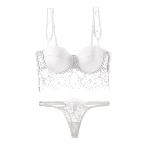 Detailed close-up of white eyelash lace lingerie set with bralette and matching thong