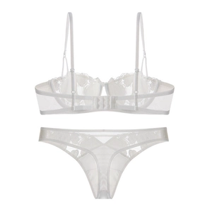 Detailed view of white floral lace lingerie set with mesh bra and matching thong