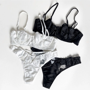 Lace embroidery lingerie set with floral patterns in black and white satin finish