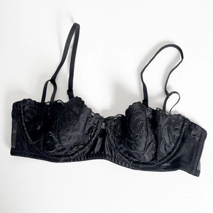 Close-up of black lace bra featuring 3D rose embroidery and sheer mesh details