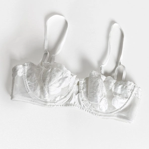 Close-up of white mesh bra with intricate rose embroidery and floral lace details