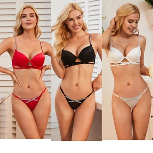Detailed comparison of red, black, and white cutout bras with crisscross rhinestones