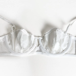Close-up of white sheer floral lace embroidery and underwire detail on a French style bra