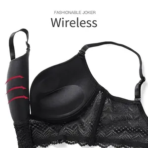 Sultry black lace U-shaped backless wireless push-up bra with adjustable thin straps