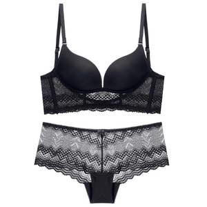Sultry black lace lingerie set with seamless U-back bra and matching sheer panties