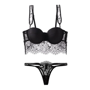 Sexy black eyelash lace lingerie set featuring a longline bustier bra and thong