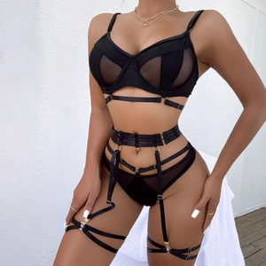 Sexy black sheer mesh lingerie set with golden metal rings and adjustable straps