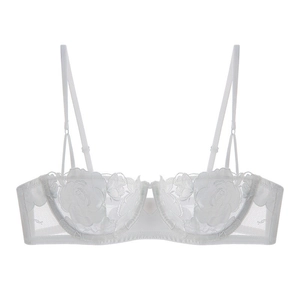 French style white lace bra with rose embroidery and mesh detail on white background