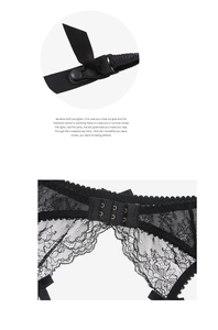 Detail view of black lace garter belt with adjustable metal clips and double hook closure