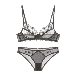 Vue détaillée du soutien-gorge en maille gris foncé avec broderie coeur et dentelle