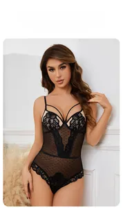 Detail of floral lace embroidery and sheer mesh on a black one-piece bodysuit