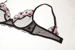 Détail d'un soutien-gorge en maille noire avec broderies de cœurs et dentelle fine