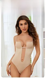 Detailed backless deep V bodysuit in beige with thin adjustable shoulder straps