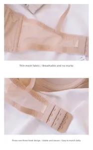 Détail du soutien-gorge en dentelle beige avec mesh respirant et agrafage à trois rangées