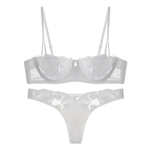 French sexy white lace lingerie set with rose floral embroidery and sheer mesh detail