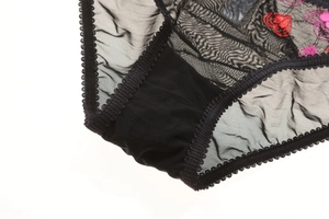 Vue détaillée d'une culotte en maille noire avec broderie fine de cœurs et dentelle délicate