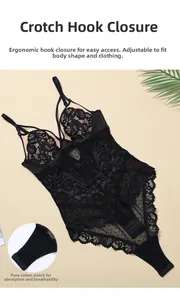 Detailed view of black lace bodysuit featuring cotton crotch and snap button closure