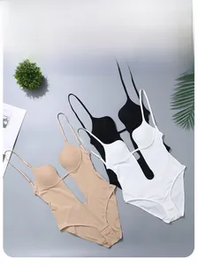 Detailed close-up of seamless deep V-neck bodysuits in black, white, and beige colors