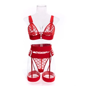 Detail view of red sheer mesh lingerie set with garter belt and adjustable straps