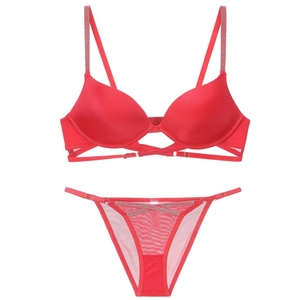 Detailed view of red lingerie set featuring rhinestone straps and criss-cross band details