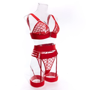 Detail of red mesh lingerie set featuring diamond cutouts and elastic harness straps
