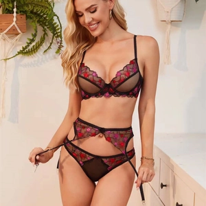 Ensemble de Lingerie Sexy Français Brodé Coeur Ultra-fin en Mesh Transparent Dentelle Avec Armatures Soutien-gorge Push Up Femme