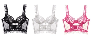 Detail showing floral lace embroidery and mesh fabric in black, white and rose red
